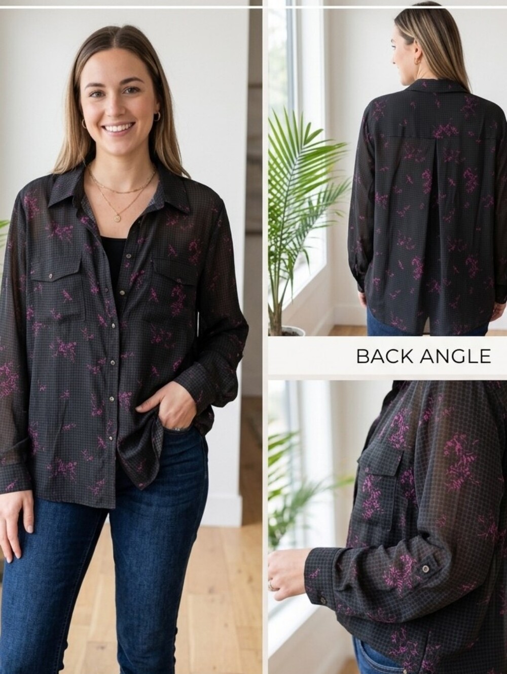 Penningtons In Every Story Black Pink Floral Grid Button Down Blouse Tunic
